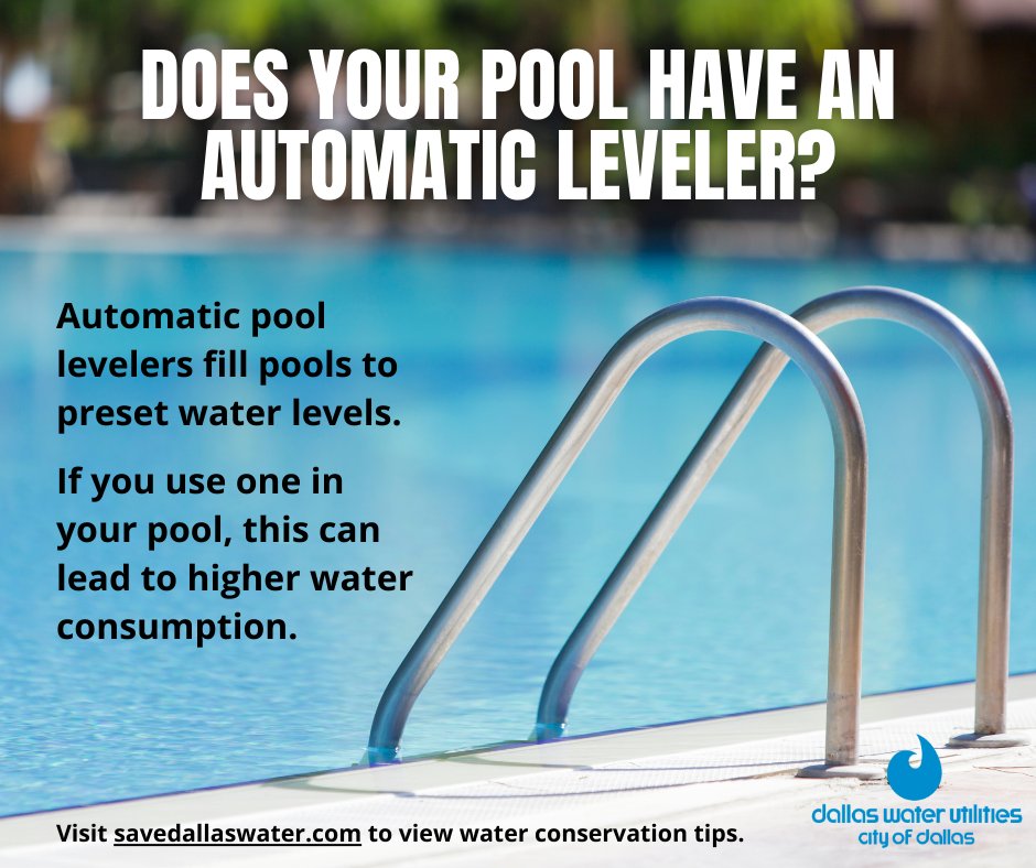 Trinity River Corridor (@mytrinityriver) on Twitter photo #DYK The summer heat can cause water in your pool to evaporate faster than normal. Using a pool leveler can lead to higher water consumption and increase your monthly water bill. Visit savedallaswater.com for water conservation tips.
<a href="/311Dallas/">311 Dallas</a> <a href="/savedallaswater/">SaveDallasWater</a> #DYK The summer heat can cause water in your pool to evaporate faster than normal. Using a pool leveler can lead to higher water consumption and increase your monthly water bill. Visit savedallaswater.com for water conservation tips.
<a href="/311Dallas/">311 Dallas</a> <a href="/savedallaswater/">SaveDallasWater</a>
