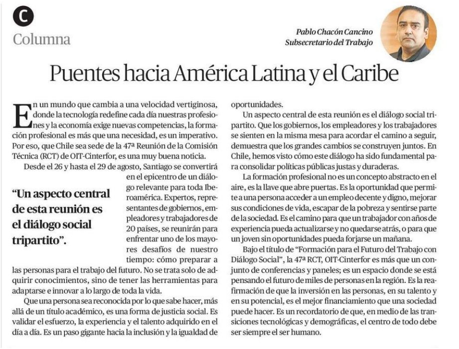 OIT/Cinterfor (@oitcinterfor) on Twitter photo 📝 En su columna en <a href="/mercurioafta/">El Mercurio de Antofagasta</a> de Antofagasta, Pablo Chacón, subsecretario del Trabajo <a href="/SubsecTrabajo/">Subsecretaría del Trabajo</a>, destaca la 47 RCT de #Cinterfor como un espacio clave de diálogo social tripartito para formar a las personas para el trabajo del futuro.
👇 📝 En su columna en <a href="/mercurioafta/">El Mercurio de Antofagasta</a> de Antofagasta, Pablo Chacón, subsecretario del Trabajo <a href="/SubsecTrabajo/">Subsecretaría del Trabajo</a>, destaca la 47 RCT de #Cinterfor como un espacio clave de diálogo social tripartito para formar a las personas para el trabajo del futuro.
👇
