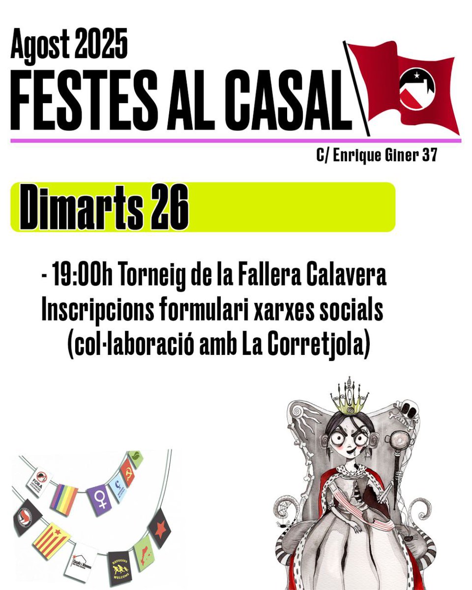 🃏 TORNEIG DE LA FALLERA CALAVERA.

📍 Dimarts 26, en col·laboració amb La Corretjola.

👉 Inscripció prèvia a tuit.cat/kLtqy

Viu les festes al Casal Popular ✊🏽