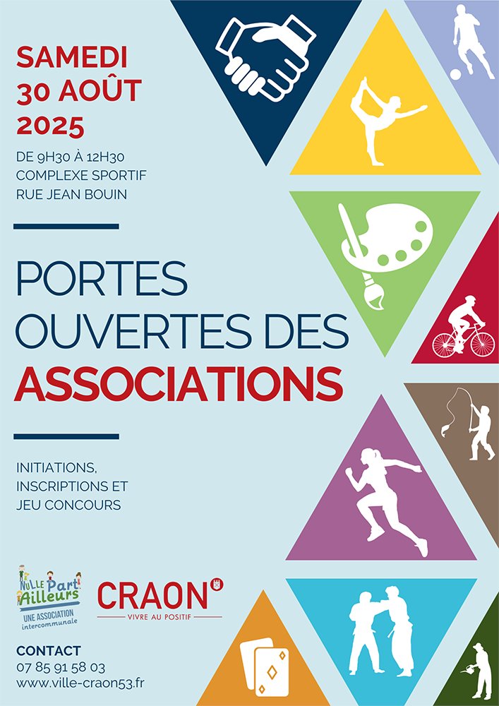 Rappel : les #associations de #Craon vous attendent samedi au complexe sportif.
Vous pourrez découvrir leurs activités, vous inscrire et tenter de gagner des bons de réduction sur des licences.