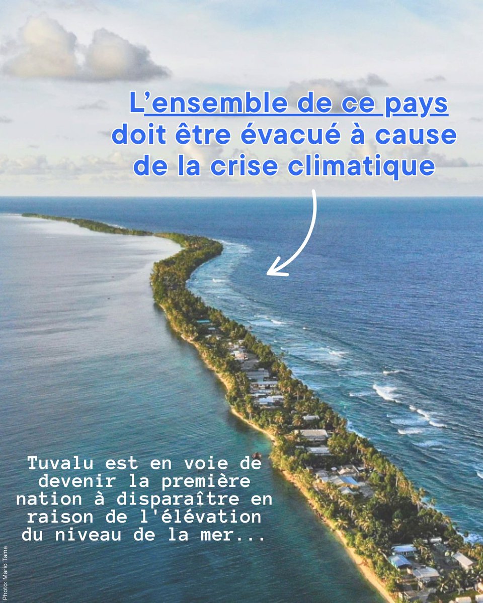 Un pays entier. Sur le point d'être englouti par l'océan. 

Dans les deux prochaines décennies, l'île de Tuvalu est en passe de devenir le premier pays à disparaître à cause de la montée du niveau des mers.

Il nous faut un fonds de réparation climatique. act.gp/3HaO2m0