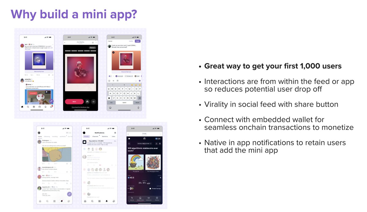Slide showing reasons to build a mini app with app screenshots