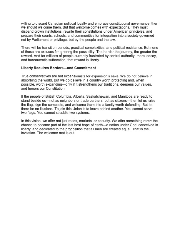 US state Senator from Maine issues letter on US statehood for four western provinces.