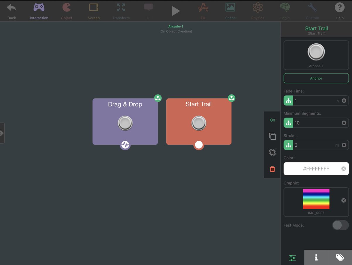hyperPadApp's tweet image. hyperPad dev log 🪵

The new FX behavior lets you give objects a customizable trail! 

Adjust fade time, segment count, stroke, color, and even swap out the trail graphic for your own.

#hyperpad #ipad #gamedev