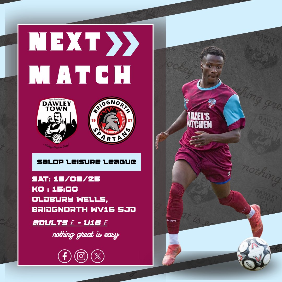 DawleyTownFC's tweet photo. NEXT MATCH πβ½
First away day of the season! π
π Bridgnorth Spartans
π Oldbury Wells, WV16 5JD
π Sat 16/08/25 | β° 3PM KO
Letβs take the winning form on the road πͺ
#DawleyTown #FirstAwayDay #UpTheDawley https://t.co/6dSCIpwR8k