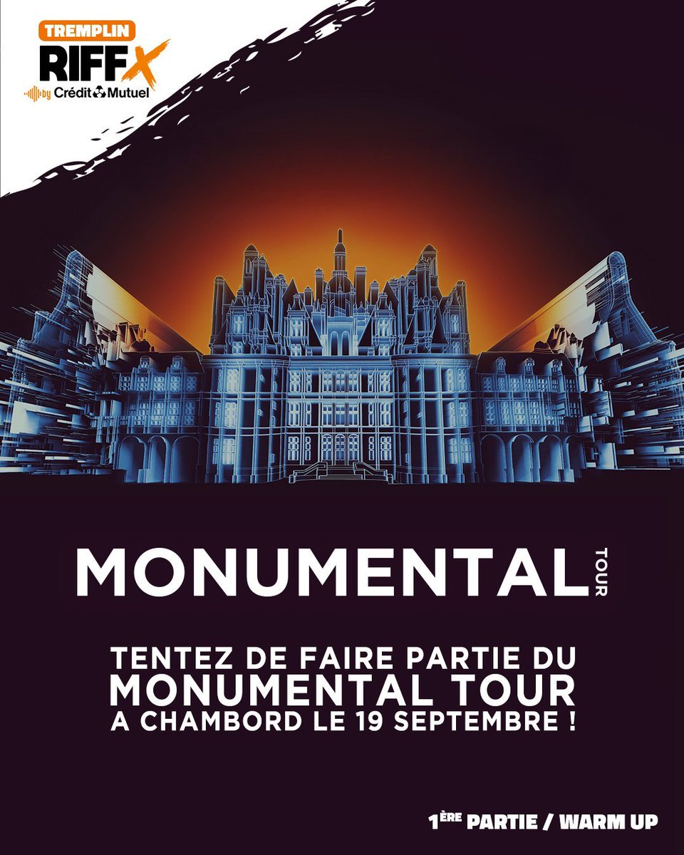 RIFFX by Crédit Mutuel (@riffx_fr) on Twitter photo TREMPLIN RIFFX x Monumental Tour 🎧
📅 Le 19 septembre, le <a href="/monumental_tour/">Monumental Tour</a> s’invite à
<a href="/domainechambord/">Château de Chambord</a> pour un show exceptionnel 🎧 RIFFX recherche un #DJ pour assurer le #Warmup de cette soirée unique avec <a href="/michaelcanitrot/">Michael Canitrot</a> 🎶
📅 Infos & inscriptions : riffx.fr/concours/monum… TREMPLIN RIFFX x Monumental Tour 🎧
📅 Le 19 septembre, le <a href="/monumental_tour/">Monumental Tour</a> s’invite à
<a href="/domainechambord/">Château de Chambord</a> pour un show exceptionnel 🎧 RIFFX recherche un #DJ pour assurer le #Warmup de cette soirée unique avec <a href="/michaelcanitrot/">Michael Canitrot</a> 🎶
📅 Infos & inscriptions : riffx.fr/concours/monum…