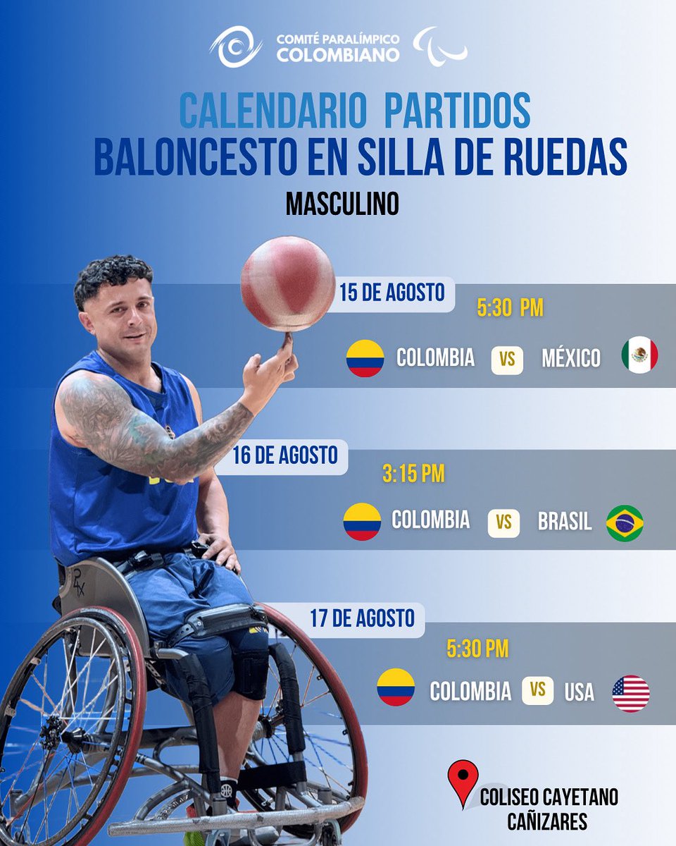 Mañana nuestros #imPARAbles de Baloncesto en silla de ruedas masculino disputarán su primer partido en la Copa América 🏀🇨🇴

Te esperamos en el Coliseo Cayetano Cañizares para alentar juntos a nuestro equipo. 🙌🔥

cpc.org.co/colombia-lista…