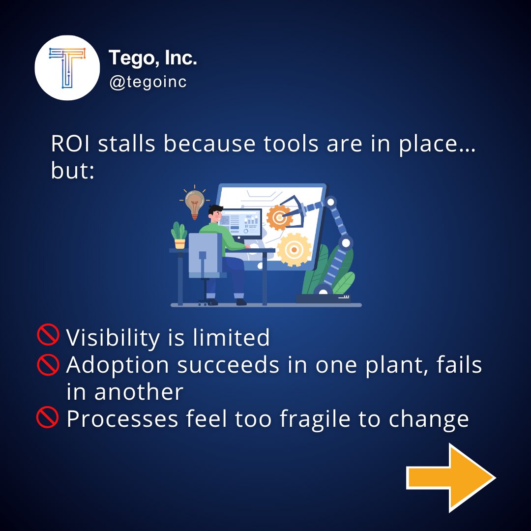 TegoInc's tweet photo. 62% of manufacturers say they’re “in progress” with #smartmanufacturing. ROI is still out of reach for many.
Why? Because buying software ≠ better outcomes. Integration, trusted data, and enablement do.
Here’s what separates leaders from the rest ⬇️ #Industry40 https://t.co/YAVxa0xhBz