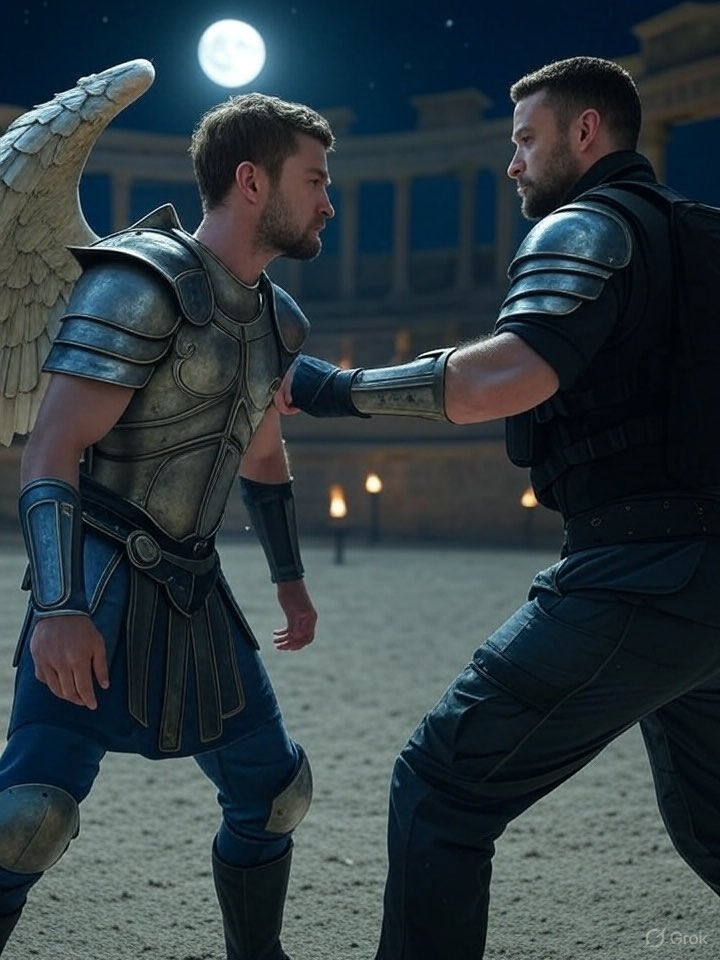 This is Justin Timberlake fighting St. Michael (I don’t know what a JT is)- let’s have a good game tonight!