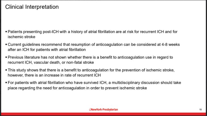 ConneryPharmacy's tweet photo. Summary: In survivors of intracerebral hemorrhage with atrial fibrillation, DOACs substantially reduced the risk of ischemic stroke compared to no anticoagulation, but this benefit was offset by a significantly increased risk of recurrent ICH

Thanks Dr. Castoro! https://t.co/MlRWeaVN3C
