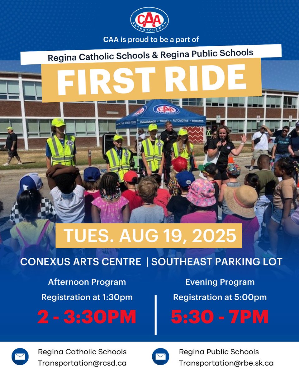 CAASKPatrollers's tweet image. Is your kiddo starting Kindergarten this Fall? 📒
Join CAA, @ReginaPublicSchools and @ReginaCatholicschools on August 19th for the First Ride event! Play games, learn safety tips, ride on a school bus, and have a blast! 🚌
Learn more at caask.ca/schoolzonesafe…