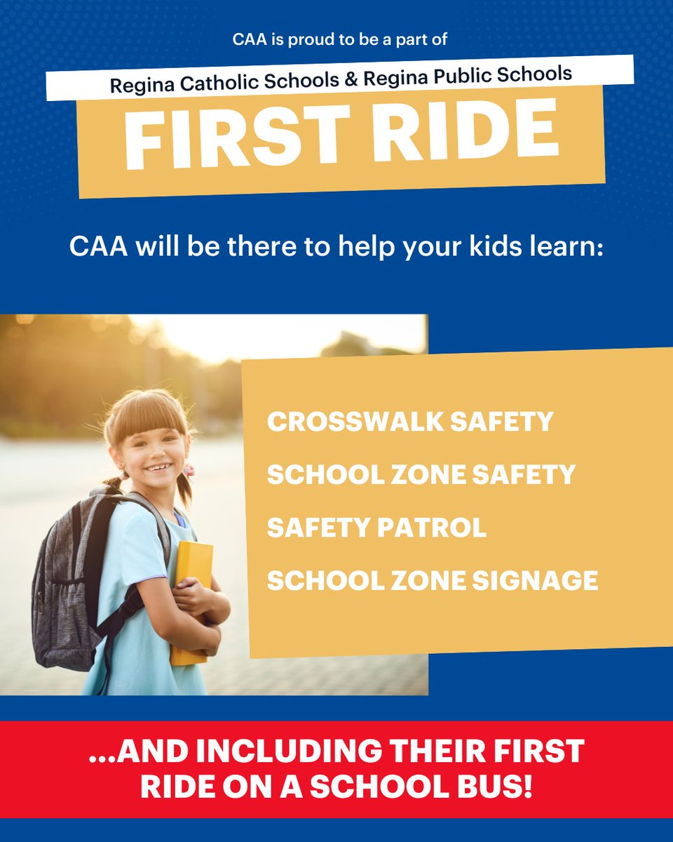 CAASKPatrollers's tweet image. Is your kiddo starting Kindergarten this Fall? 📒
Join CAA, @ReginaPublicSchools and @ReginaCatholicschools on August 19th for the First Ride event! Play games, learn safety tips, ride on a school bus, and have a blast! 🚌
Learn more at caask.ca/schoolzonesafe…