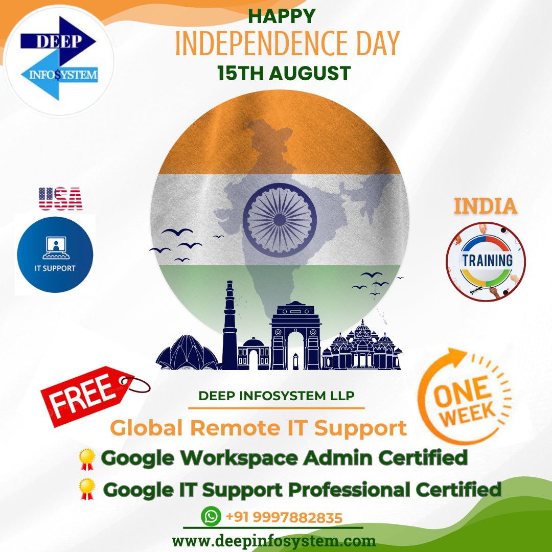 DeepInfosystem's tweet photo. Happy Independence Day! 🇮🇳 📣

Wishing everyone a day filled with pride, joy, and celebration. Let's cherish our freedom and the values that make our country so great. 💚 🎉 💚

#IndependenceDay #India #DeepInfosystem #RemoteSupport #ITSupport #GoogleWorkspace https://t.co/0b97AMfuwh
