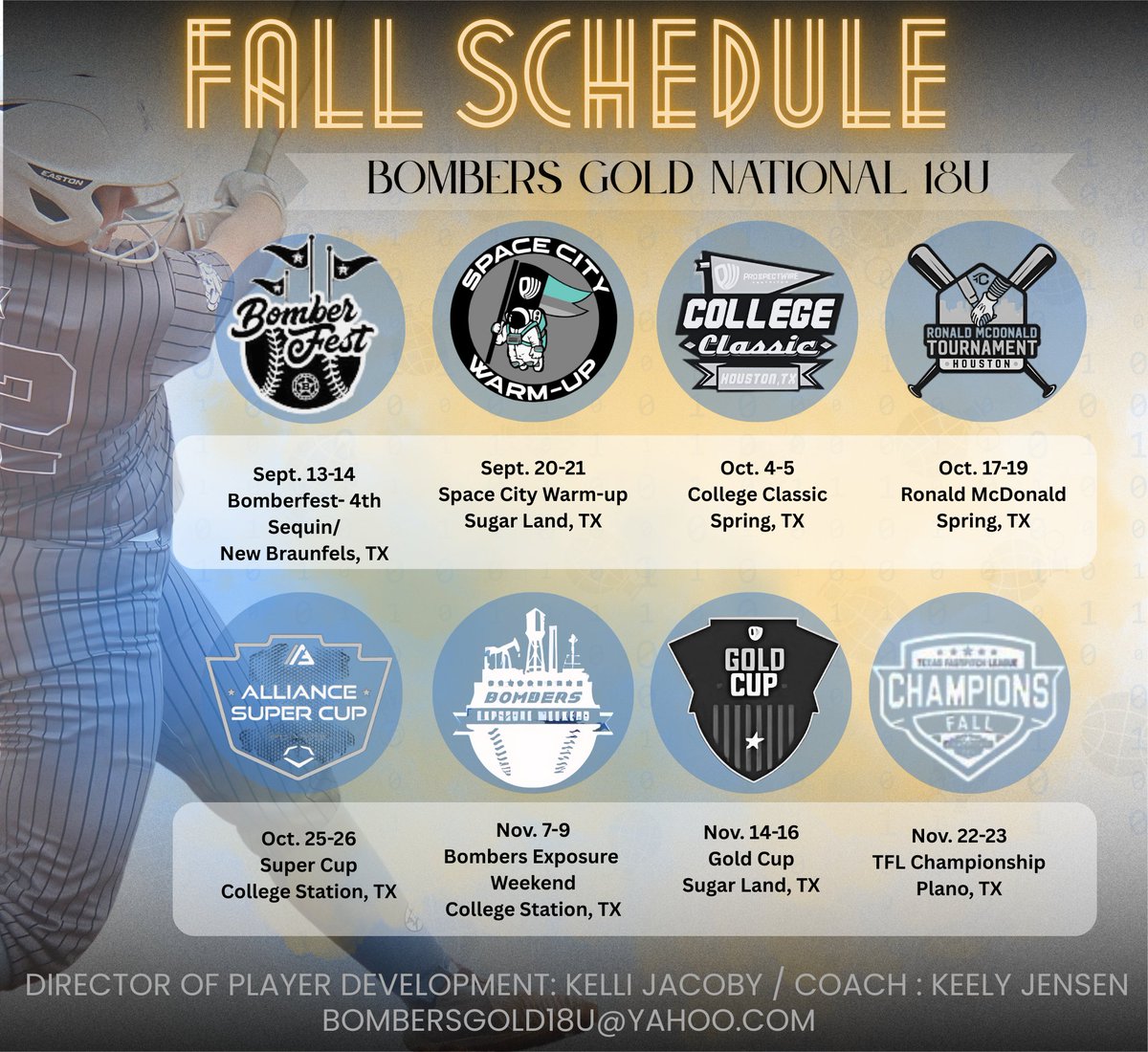 🔥 Bombers Gold National 18U – Fall 2025 🔥
We’re locked, loaded, and ready to tear up the diamond this fall. Eight stops. No excuses. All gas, no brakes. 🥎💪📍 Fall Battle Plan🚀 We’re not just showing up — we’re showing OUT.
#BombersGold #FearTheGold #FallBall2025 #BombSquad