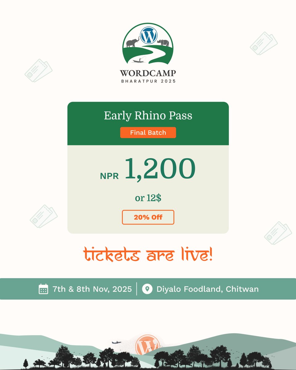 wpbharatpur's tweet photo. The FINAL batch of Early Rhino Passes is here — and yes, you still get 20% OFF! Once they’re gone, they’re gone — seize your pass before the opportunity disappears! ⏳💨

🔗 Grab yours now → https://t.co/MBfLgeHO0O

#WCBHR #WPBharatpur https://t.co/mRaA6qfMGJ