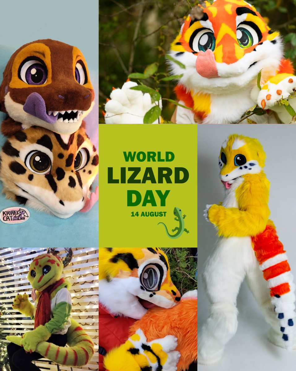 CatKrafi's tweet photo. Happy Lizard Day! August 14th🦎🦎🦎
Here is my little lizard family: leopard gecko, crocodile skink, day gecko and AFT gecko. I want more! 😍❤️

My way to popularize lizards through fursuits! Rare type of fursona ❤️ What do you think?

#geckofursuit #lizardfursuit #lizardfurry https://t.co/CuLNLQdAX1