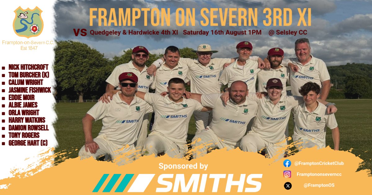 Frampton on Severn Cricket Club (@framptonos) on Twitter photo Weekend line ups are in.
1s host <a href="/NewentCricket/">Newent Cricket Club</a> 
2s travel to <a href="/StoneCricket/">Stone Cricket Club</a> 
3s host <a href="/Qued_hardcc/">Quedgeley & Hardwicke CC</a> 
#LetsGo Weekend line ups are in.
1s host <a href="/NewentCricket/">Newent Cricket Club</a> 
2s travel to <a href="/StoneCricket/">Stone Cricket Club</a> 
3s host <a href="/Qued_hardcc/">Quedgeley & Hardwicke CC</a> 
#LetsGo