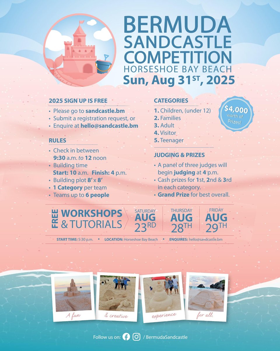 The annual Bermuda Sandcastle Competition is back, and you don't want to miss the incredible art that will be taking over Horseshoe Bay on Sunday, August 31st.

For more details and to sign up, visit sandcastle.bm. 

#BTAInsights #Bermuda