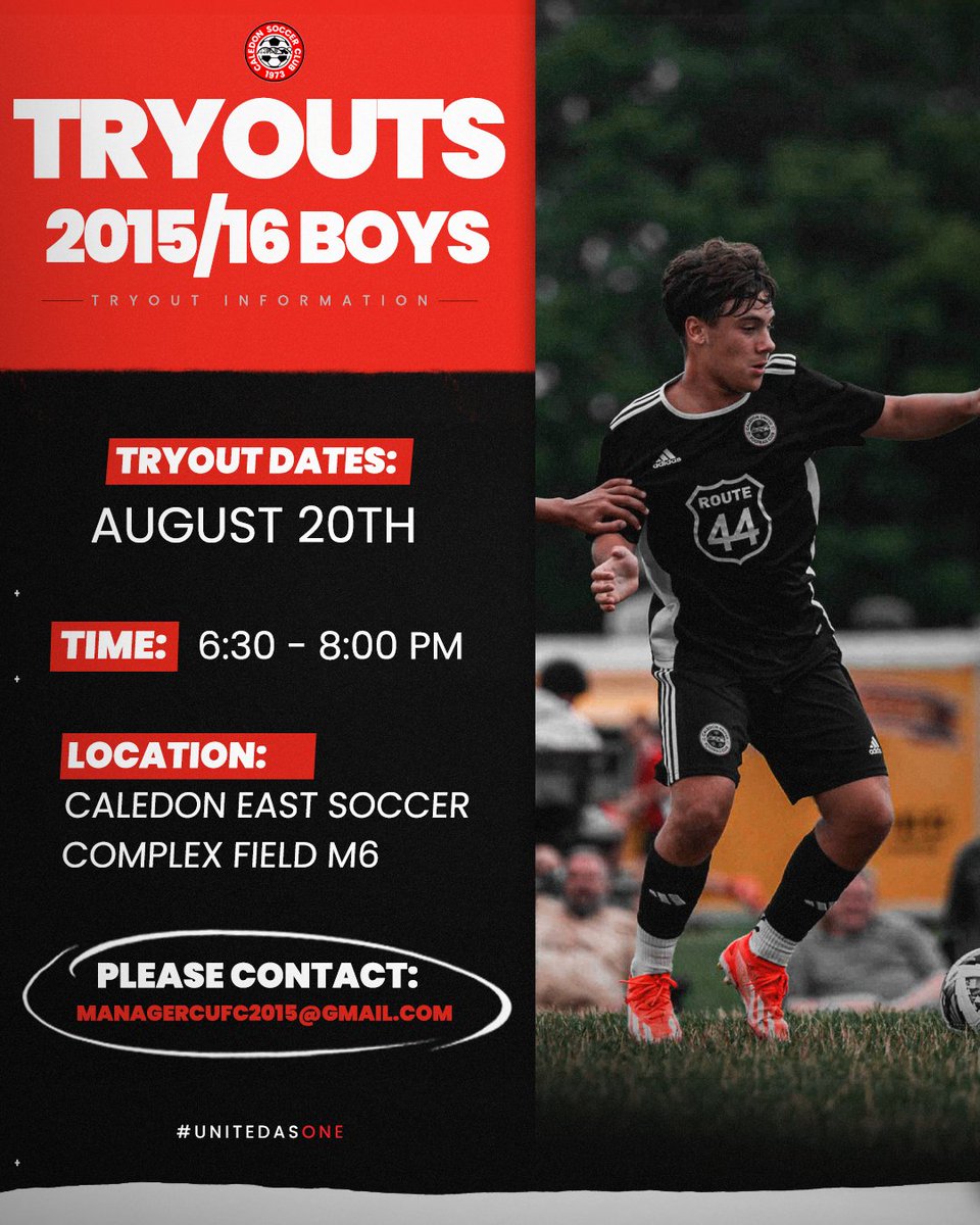 Target Team Tryout – 2015 &amp; 2016 Boys 🚨

📅 Wednesday, August 20th
🕡 6:30–8:00 PM
📍 Field M6 – Caledon East Soccer Complex

📧 managercufc2015@gmail.com

Come showcase your skills and join our competitive squad! ⚽💪

#UnitedAsOne #SoccerTryouts