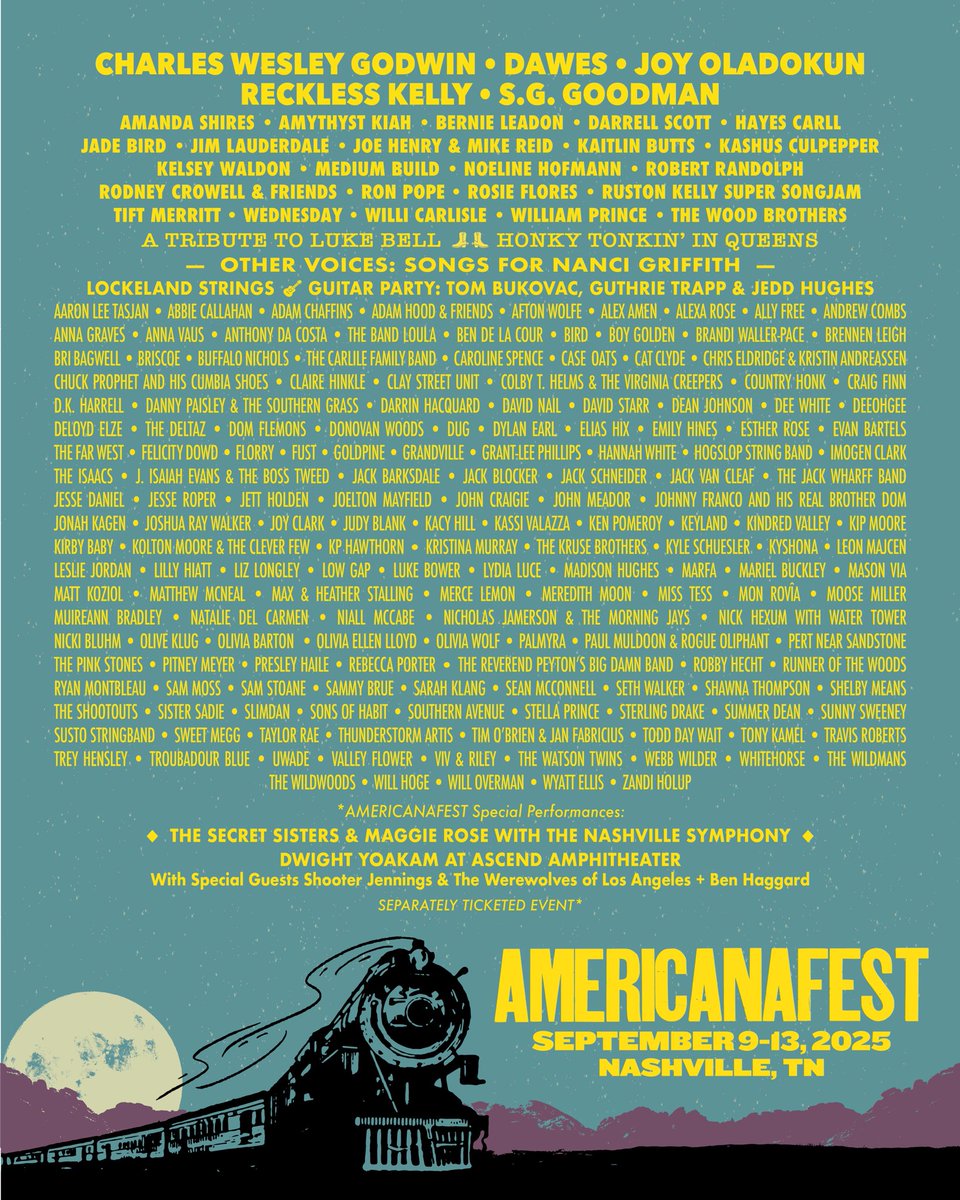 🚂 Have you seen our lineup? We’re ready to party this Sept. 9 - 13 in Nashville! Check out the showcasing artists slated to play across Music City for AMERICANAFEST 2025. Join us for five jam-packed days of Americana and roots music that you won’t want to miss! 🤘