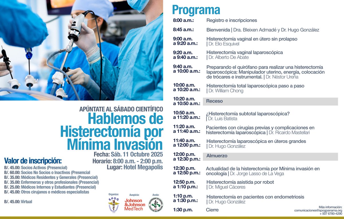 La histerectomía es el procedimiento que se realiza con más frecuencia en cirugía ginecológica. Apúntese a este sábado científico organizado por la SPOG y avalado por la Universidad de Panama. Inscripciones abiertas aquí: forms.gle/9GUMifDVpbDNyj…