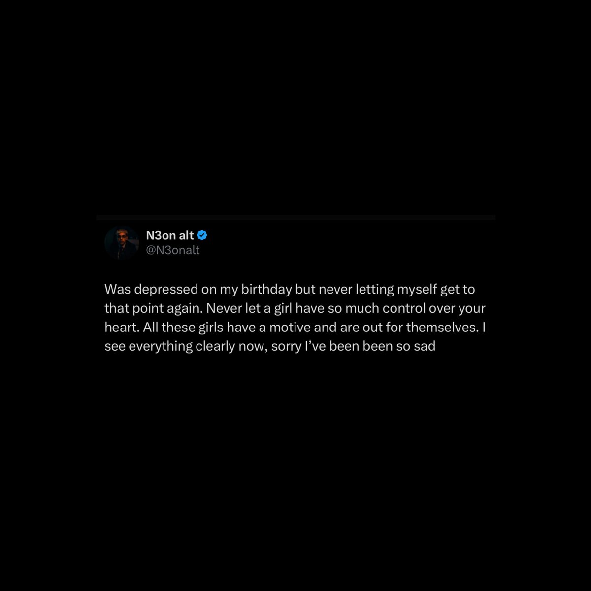 FearedBuck's tweet photo. Neon speaks after spending his birthday single following breakup with Sam Frank

“Never let a girl have so much control over your heart. All these girls have a motive and are out for themselves. I see everything clearly now, sorry l've been been so sad.” https://t.co/O9UpD7wXGE
