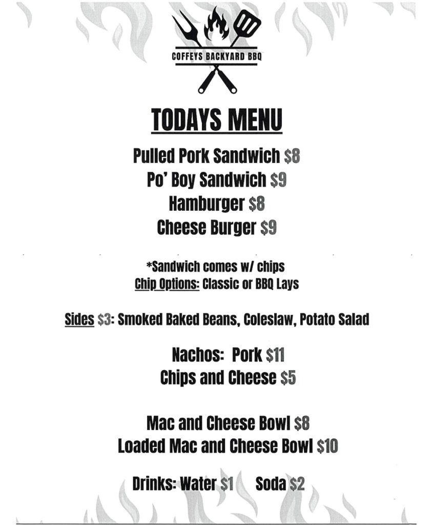 On Monday, Coffey's Backyard BBQ is going to begin serving at 6:00 PM ahead of the Pep Rally at 7:00 PM! Come eat before cheering on the Hawks/Bearcats.