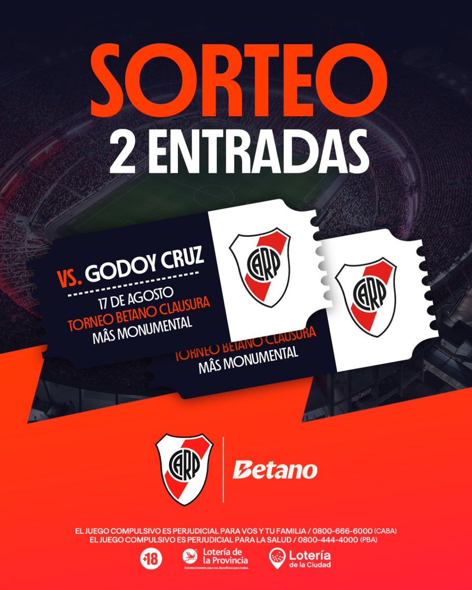 🎟🎁 SORTEO CON BETANO: DOS ENTRADAS PARA ESTE DOMINGO ✅️

-> Dar RT y FAV al tweet
-> Seguir a @Frabigol en twitter 

📅 Ganadores este viernes 12hs.
-> Doble chance de ganar si estás registrado en Betano, comentá el tweet.
