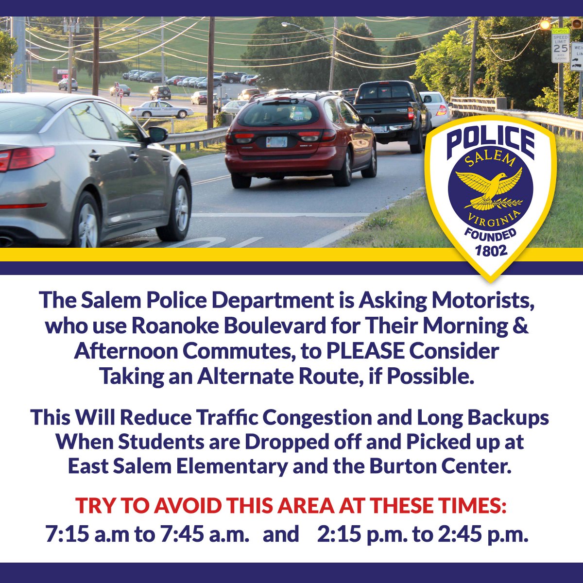 To make your commute smoother, please be aware of school-related traffic at these times starting Monday. Thanks in advance for taking note and looking for alternate routes in #SalemVA. We know many roads in the city are under construction, so we appreciate your efforts.