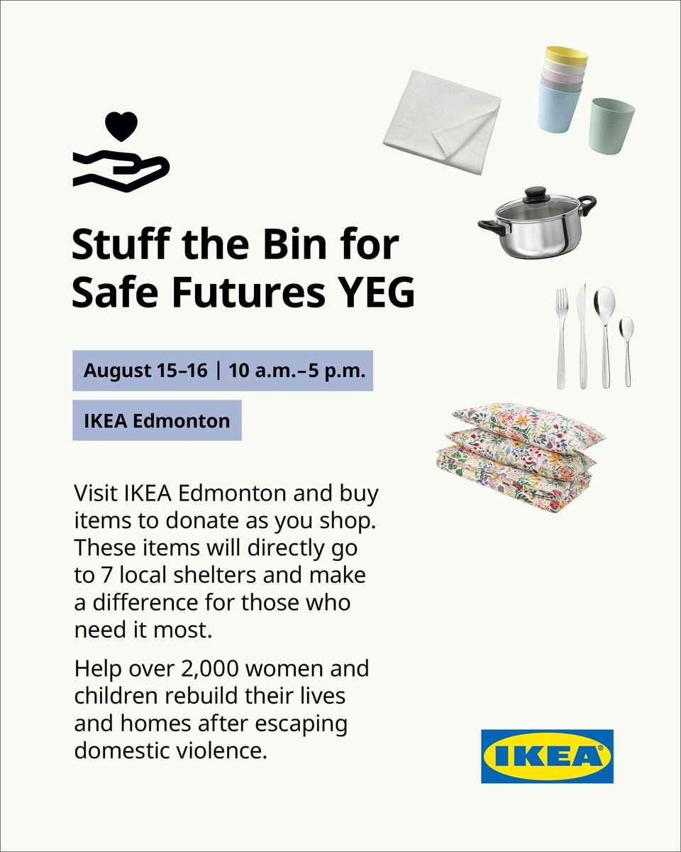 cssalberta's tweet image. CSS&apos; Lurana and La Salle shelters are two of the seven shelters that will receive support from donations. Thank you for helping IKEA Stuff the Bin for Safe Futures!
#cssalberta #stuffthebin