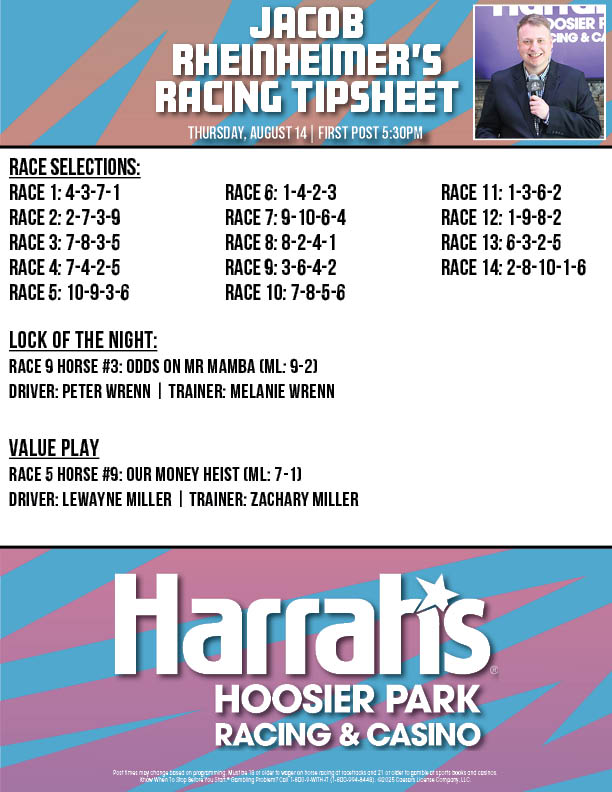 Here's a look at <a href="/JRhein98/">Jacob Rheinheimer</a>'s picks for tonight <a href="/HoP_Racing/">Harrah's Hoosier Park</a> #PlayHP