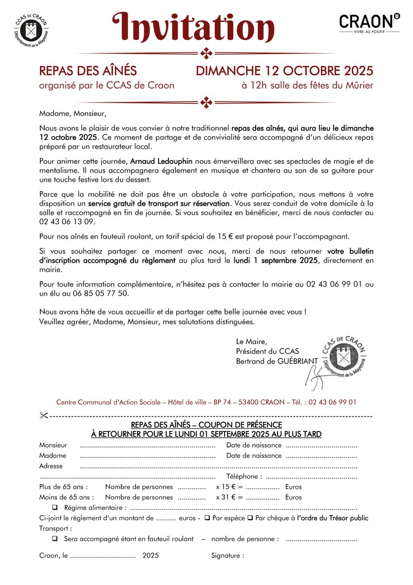 ⏰Rappel : les inscriptions au #repas des aînés de #Craon sont ouvertes jusqu'au 1er septembre.