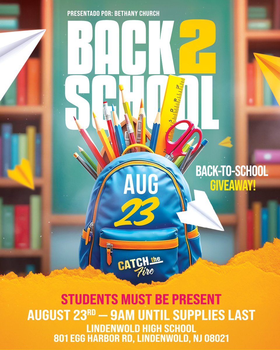 Get ready, Lindenwold! 🎒✏️ Bethany Church is giving away FREE school supplies at our Back-to-School Giveaway on Fri, Aug 23 at Lindenwold High School. Doors open 9AM—supplies limited, come early! 📍801 Egg Harbor Rd ⚠️ Students must be present.