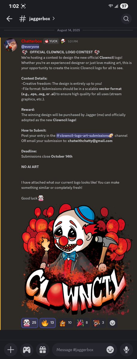 Chatterbox Updates 🤡 (@chatterboxupd8s) on Twitter photo ‼️ CHATTERBOX 'CLOWNCIL' LOGO CONTEST:
— design a new Clowncil logo w creative freedom
— in scalable vector format
— Jaggerbox will purchase the winner and it will be the official new logo
— submit in discord or email: chatwithchatty@gmail.com
— deadline: 10/14/25
— NO AI ART ! ‼️ CHATTERBOX 'CLOWNCIL' LOGO CONTEST:
— design a new Clowncil logo w creative freedom
— in scalable vector format
— Jaggerbox will purchase the winner and it will be the official new logo
— submit in discord or email: chatwithchatty@gmail.com
— deadline: 10/14/25
— NO AI ART !