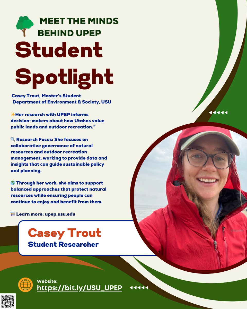 CANRI_USU's tweet photo. 🌟 Meet Casey Trout! 🌟
Master’s student in Environment &amp; Society at USU, Casey researches how Utahns value public lands &amp; outdoor recreation. 🏞📊
Her work with #UPEP supports sustainable policies that protect resources and keep them accessible. 🌿
🔗 https://t.co/4JMoNoV9VG https://t.co/FoKCs2GlKR