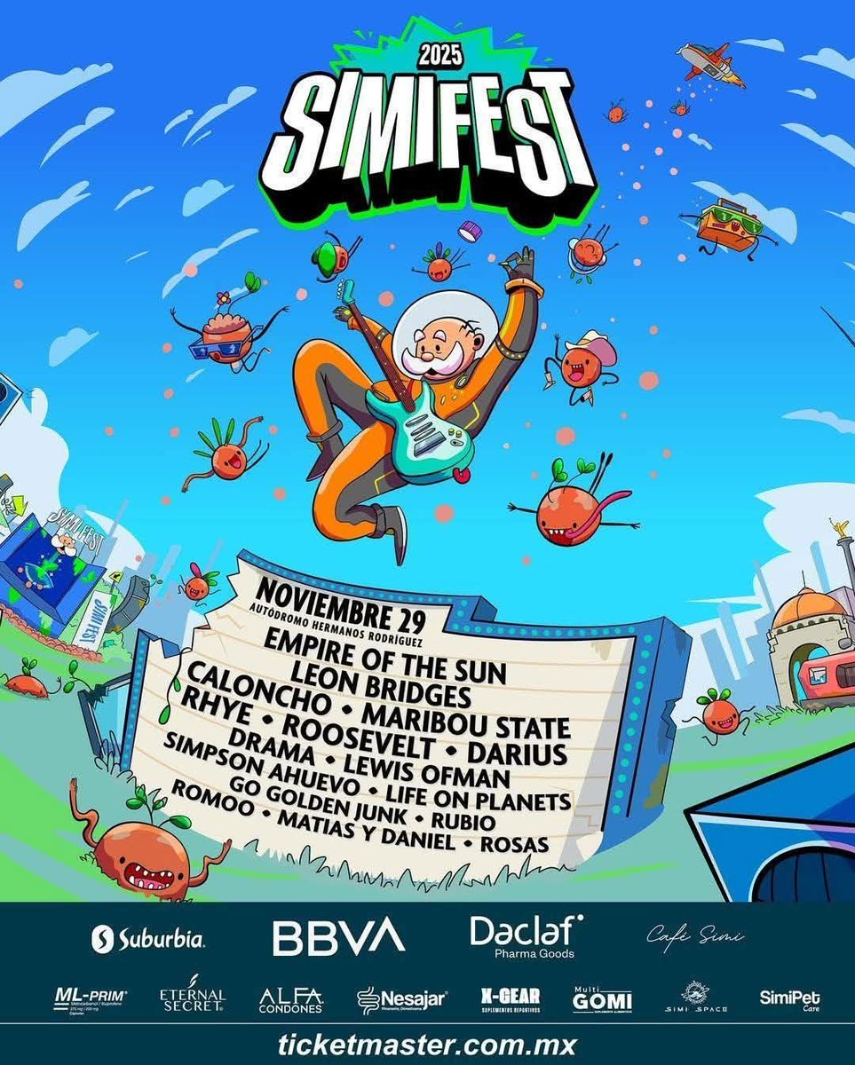 Revista_StageMX's tweet photo. Liberan cartel de #SimiFest 2025! 🤟
Esta segunda edición se realizará en el #AutodromoHermanosRodriguez y participarán bandas y músicos como #EmpireOfTheSun, #LeonBridges #Roosevelt #SimpsonAhuevo y muchas más. Los boletos están ya a la venta en @Ticketmaster_Me
#ULTIMAHORA https://t.co/g0YlqRCgcS