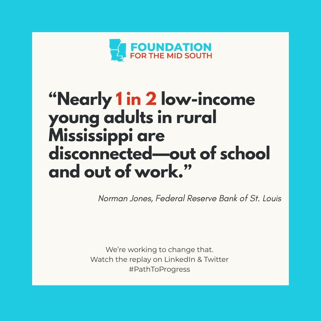 FNDMidSouth's tweet image. Nearly 1 in 2 low-income young adults in rural Mississippi are disconnected — out of school and out of work.
A generation at risk. A signal we can’t ignore.
linkedin.com/events/7333528…
#DisconnectedYouth #PathToProgress #FMSImpact