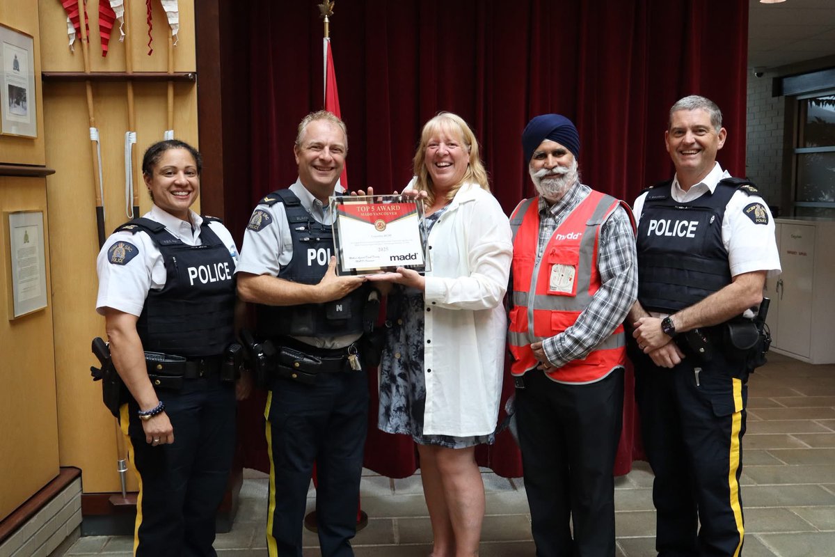 Congratulations to <a href="/cqrcmp/">Coquitlam RCMP</a>. Once again, it is the recipient of our chapter’s TOP 5 award for impaired driving enforcement. TOP 5 recognizes Metro Vancouver police jurisdiction with the highest rates of impaired driving enforcement.