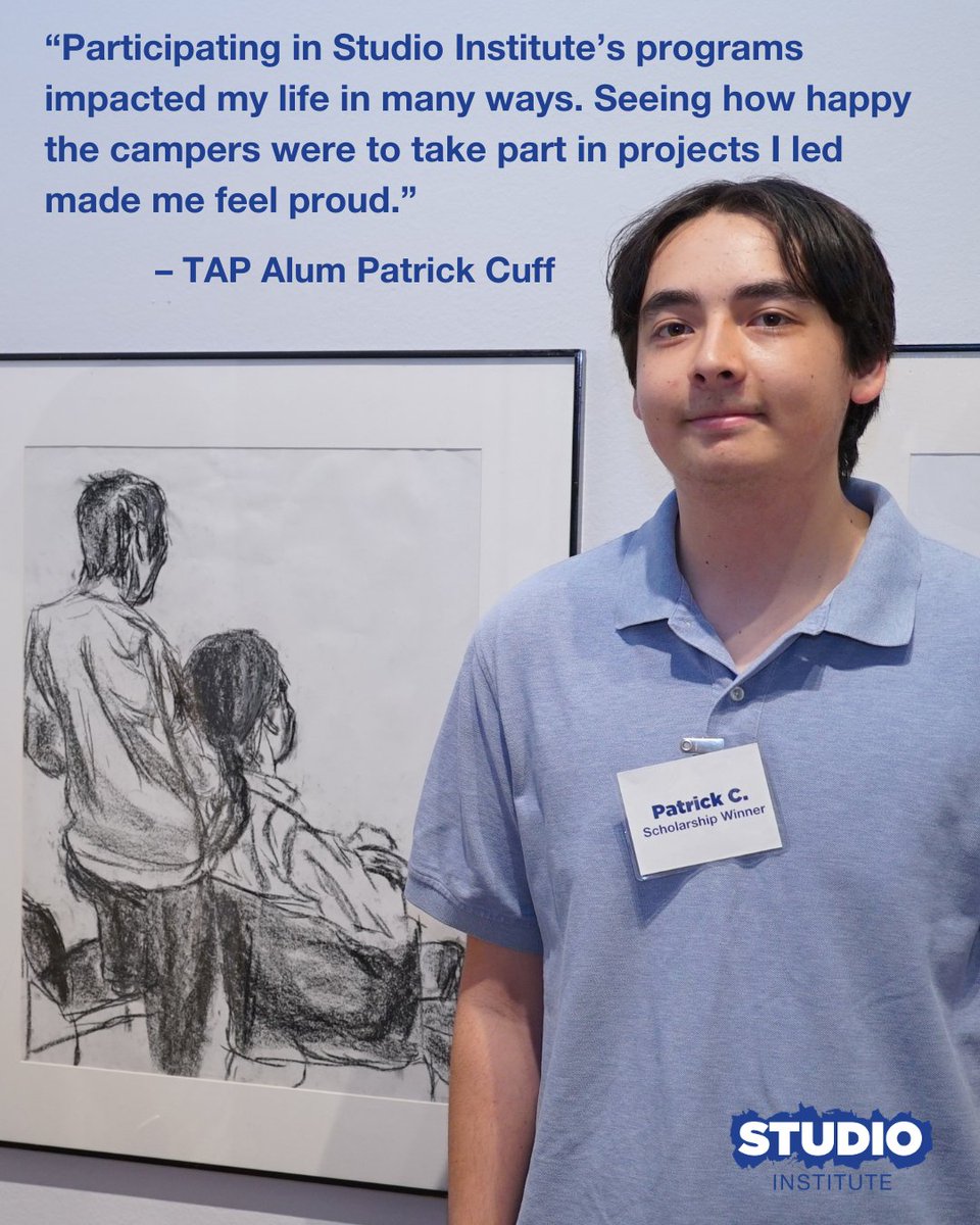 StudioInst's tweet photo. 🎉 Honoring TAP alum Patrick Cuff, 2025 Studio Institute Scholarship winner! From teaching art &amp; mentoring campers to studying architecture at UB this fall—his leadership journey continues. Pictured with his Portfolio Development art. So proud! 🎓 #TAP #ScholarshipWinner https://t.co/y5XUt667up