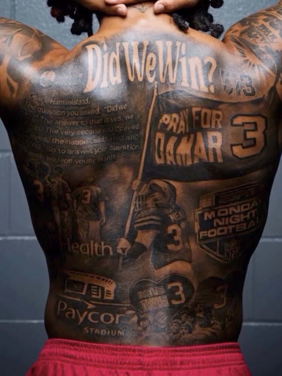 Damar Hamlin got a back tattoo to remind himself of the adversity he overcame 💯

(via gangatattoola/IG)
