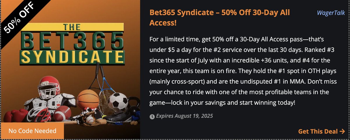 We are running 50% off 30 days special on the bet365 account if anyone wants to come, join us at <a href="/WagerTalk/">WagerTalk</a>
#1 on site since the start of July
#4 +36u for the year (we've only been running couple of months)
#1 In OTH cross sport plays
#1 MMA/UFC this year