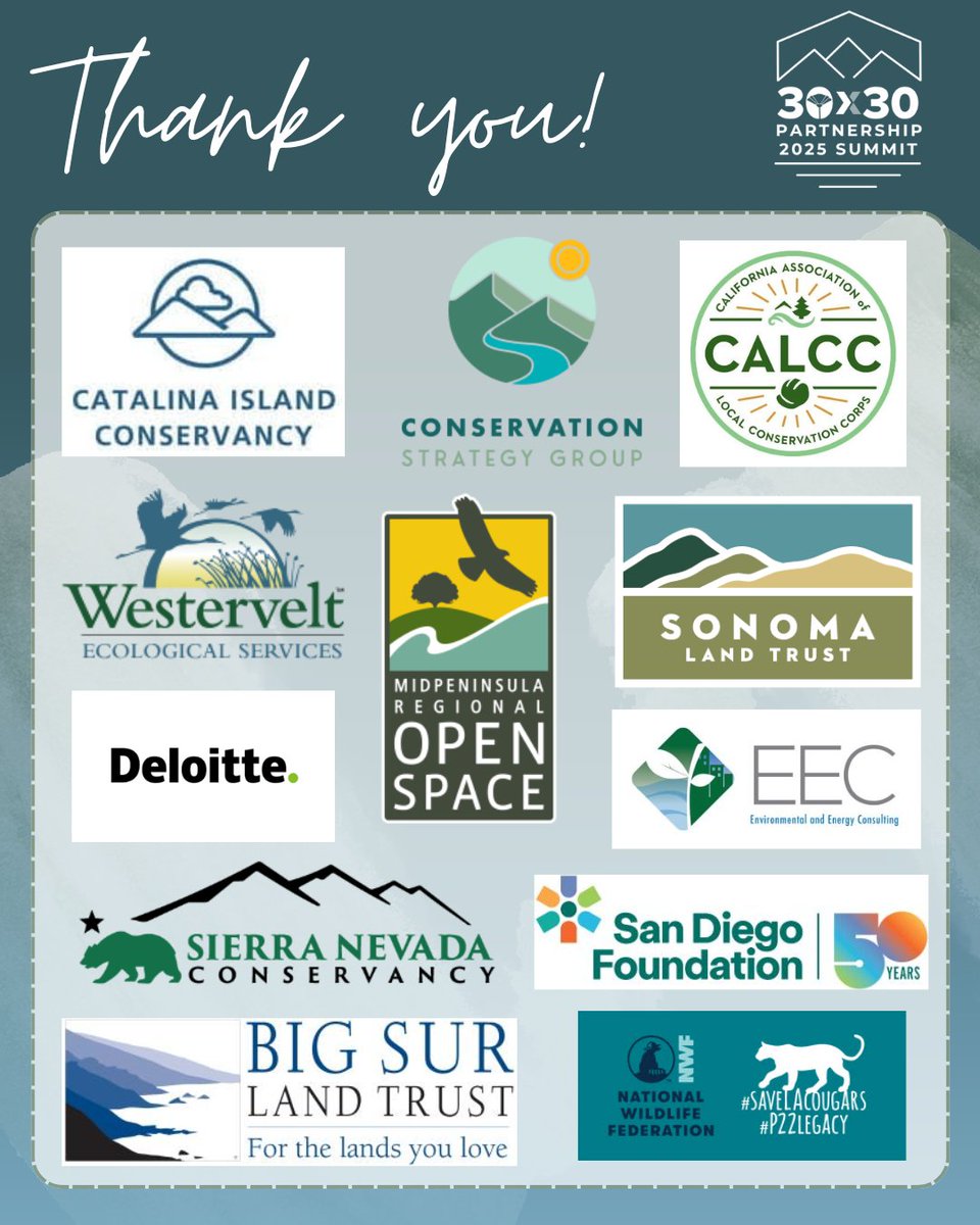 🌻A huge thank you to the Poppy Sponsors of the #30x30 Partnership Summit, officially starting today in San Diego! 

We are grateful for your dedication to conserving and protecting California’s lands and coastal waters.
