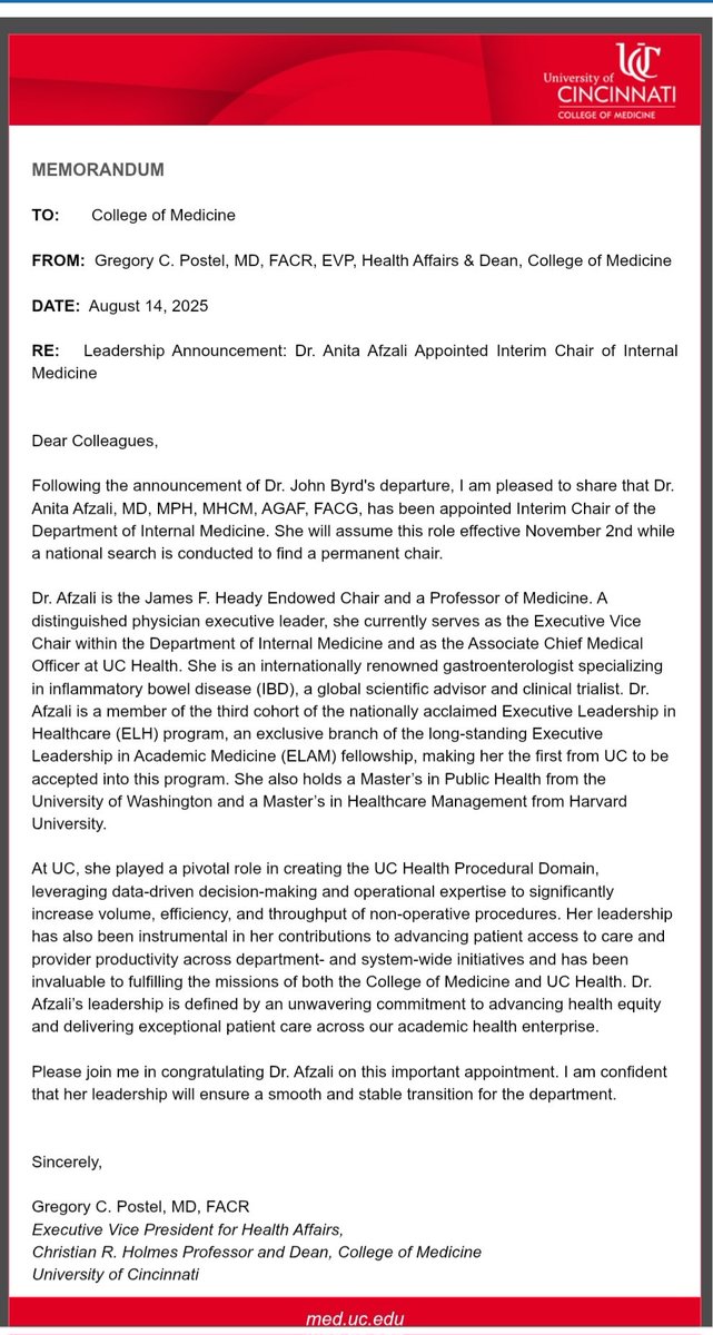 IBD_Afzali's tweet image. Honored to be appointed Interim Chair of Internal Medicine at @UCincyMedicine Grateful for the trust &amp;amp; my incredible colleagues. Deep thanks to Dr. John Byrd for his outstanding leadership, big shoes to fill! Excited to advance our mission of collaboration innovation dedication
