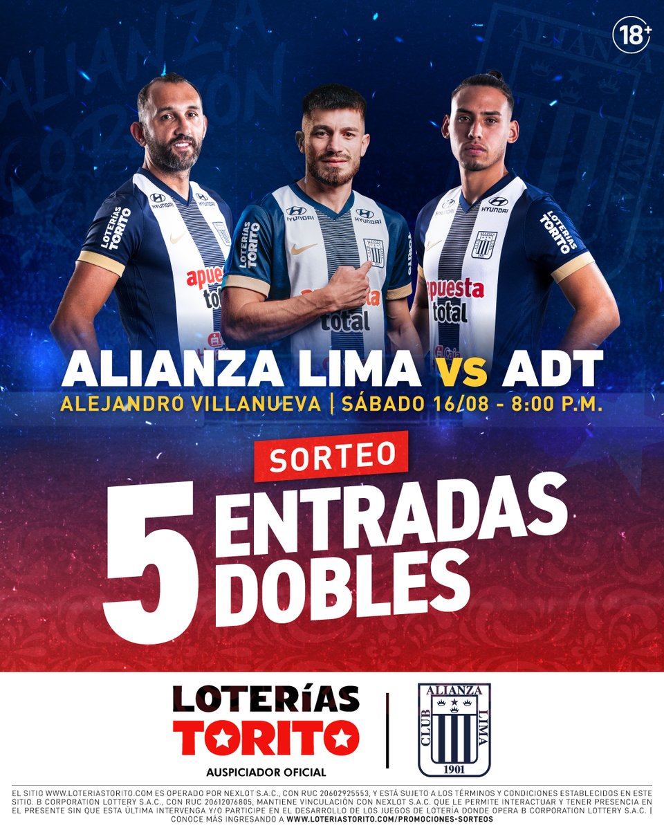 Loterías Torito (@loteriastorito) on Twitter photo ¡VIVE LA EMOCIÓN CON TORITO! ⚡💙🤍
Sorteamos 5 ENTRADAS DOBLES para que vivas el encuentro entre <a href="/ClubALoficial/">Club Alianza Lima</a> vs. ADT 😎
Participa:
1️⃣Síguenos en nuestras redes.
2️⃣Etiqueta a tu partner con quién irás al partido, en los comentarios.
🗓 Ganadores: 15/08 - 6 pm. ¡Suerte! ☘ ¡VIVE LA EMOCIÓN CON TORITO! ⚡💙🤍
Sorteamos 5 ENTRADAS DOBLES para que vivas el encuentro entre <a href="/ClubALoficial/">Club Alianza Lima</a> vs. ADT 😎
Participa:
1️⃣Síguenos en nuestras redes.
2️⃣Etiqueta a tu partner con quién irás al partido, en los comentarios.
🗓 Ganadores: 15/08 - 6 pm. ¡Suerte! ☘
