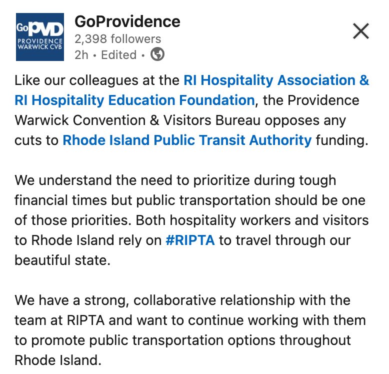 SaveRIPTA π (@saveripta) on Twitter photo Industries continue to speak out!!
Thank you <a href="/ProvidenceRI/">GoProvidence</a> for recognizing the tremendous impact that RIPTA service cuts will have on tourism! Our economy depends on it! Industries continue to speak out!!
Thank you <a href="/ProvidenceRI/">GoProvidence</a> for recognizing the tremendous impact that RIPTA service cuts will have on tourism! Our economy depends on it!