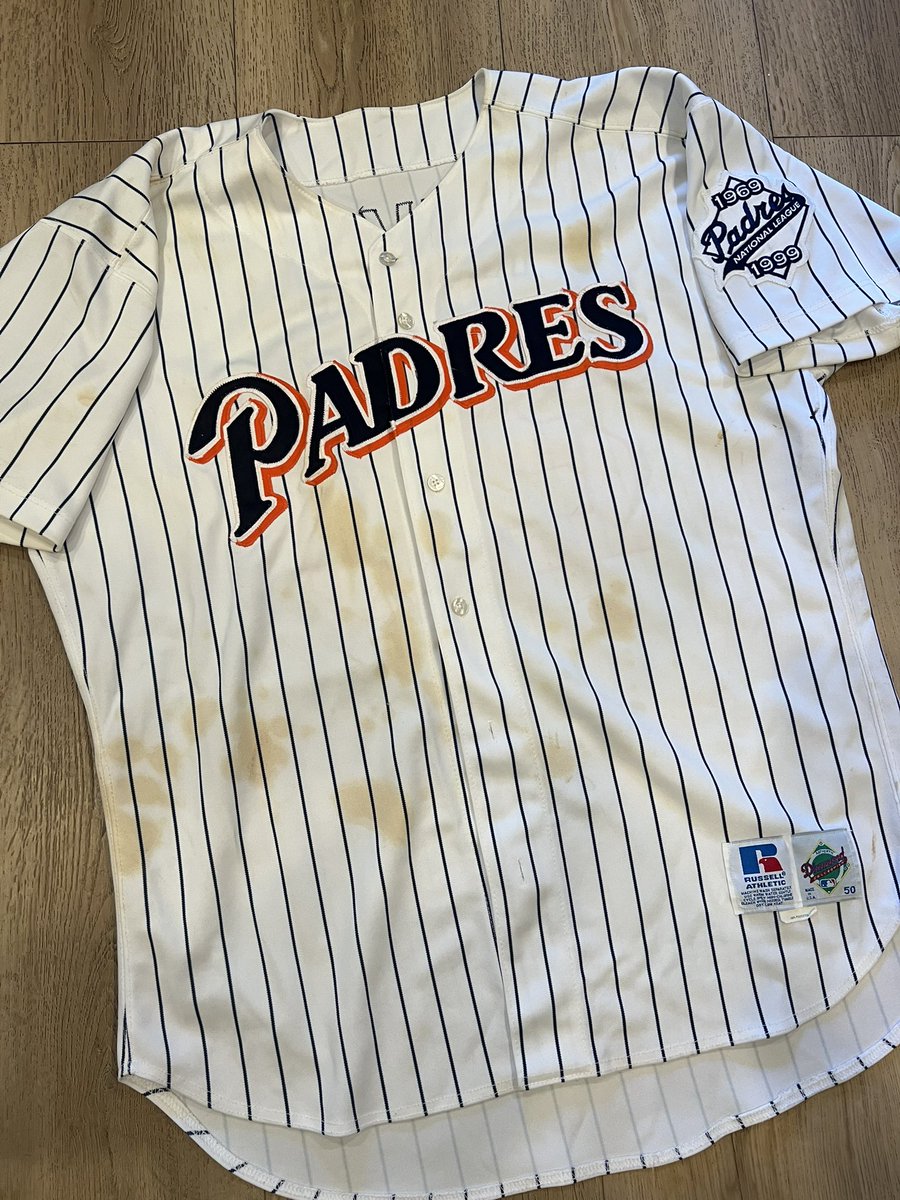 jackxzy8's tweet photo. @philnev23 Found this game worn 1999 San Diego Padres jersey of yours a few months ago. You played HARD in it. The wear on it is incredible l https://t.co/gy4pP7XA85