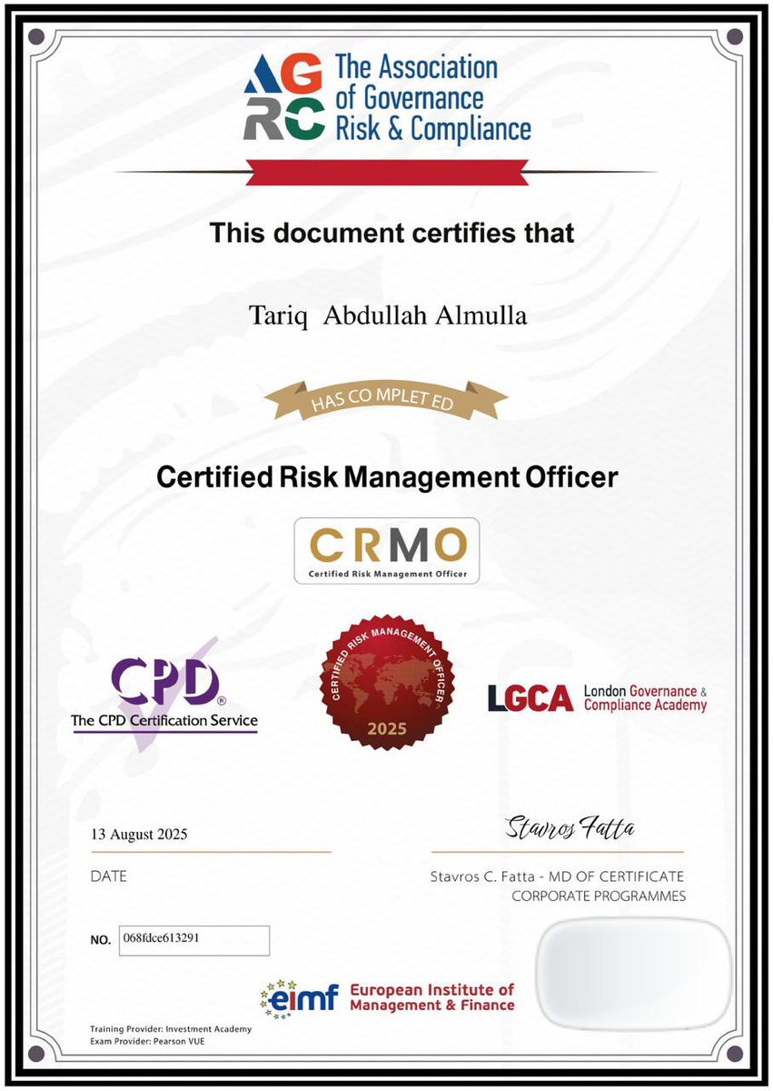 بحمد الله وفضله وتوفيقه حصلت على شهادة
"مسؤول إدارة المخاطر المعتمد CRMO"
من جمعية الحوكمة والمخاطرة والامتثال (AGRC) <a href="/AGRCOrg/">The Association of Governance, Risk & Compliance</a> 

أسأل الله أن يجعلها عوناً لي على طاعته ثم خدمة ديني ووطني 🤲🏻

#الزلفي