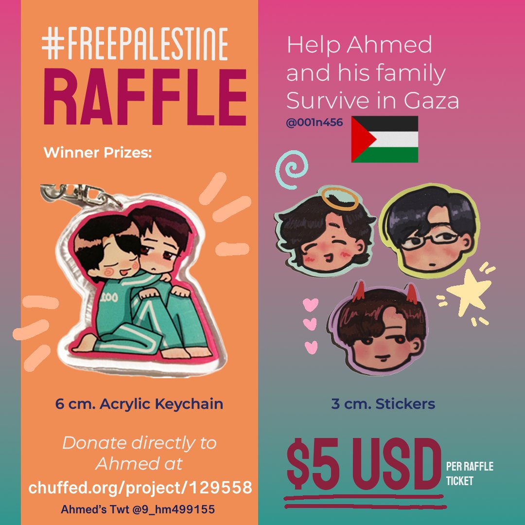 Help Ahmed’s family survive in Gaza🇵🇸
Please donate DIRECTLY to his chuffed dot org  campaign

For only $5 you will earn one raffle ticket🎟️‼️

Enter  for  the  chance  to win an inhun keychain AND 3  squid game stickers with free shipping*

#SquidGame #inhun #freepalestine