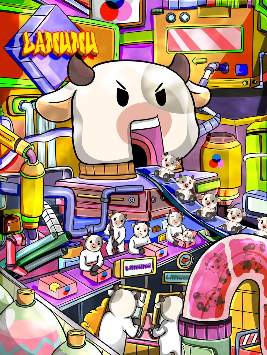 cvendo99's tweet photo. gMoo frens🐮👋

the @lamumudotxyz Factory never sleeps… ideas, memes, and magic are always on the conveyor belt.

Every block, every moment, we’re building something for the herd. Here’s my second artwork.🤍 https://t.co/Xx2XhxcWdo