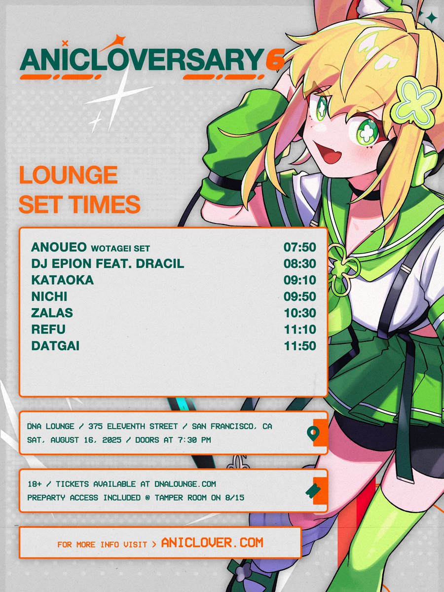 AniClover's tweet photo. AniCloversary 6 festivies are about to start!

Join us in the Main Room at the DNA Lounge on Saturday, with the pre-party on Friday at the Tamper Room!

Get tickets now @ https://t.co/0yFhxp58Bt
Pre-party access included with your DNA Lounge ticket